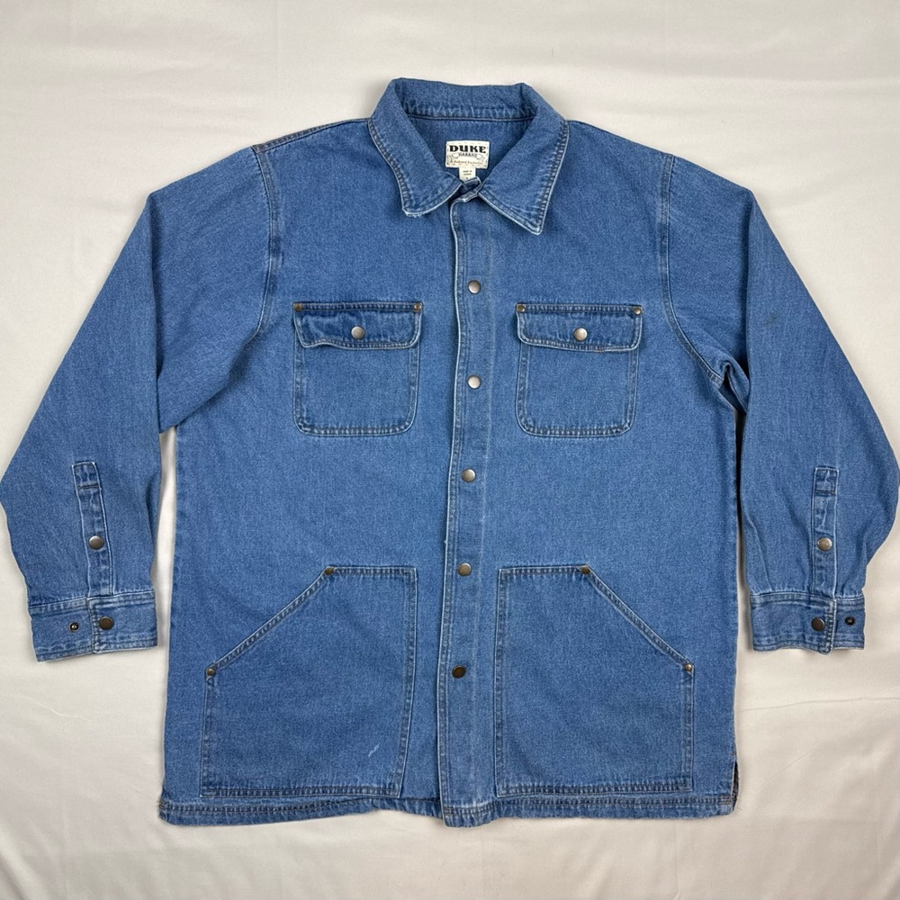 Duke Haband Mens Denim Chore Coat Jacket Sz Large Snap Button Blue A4